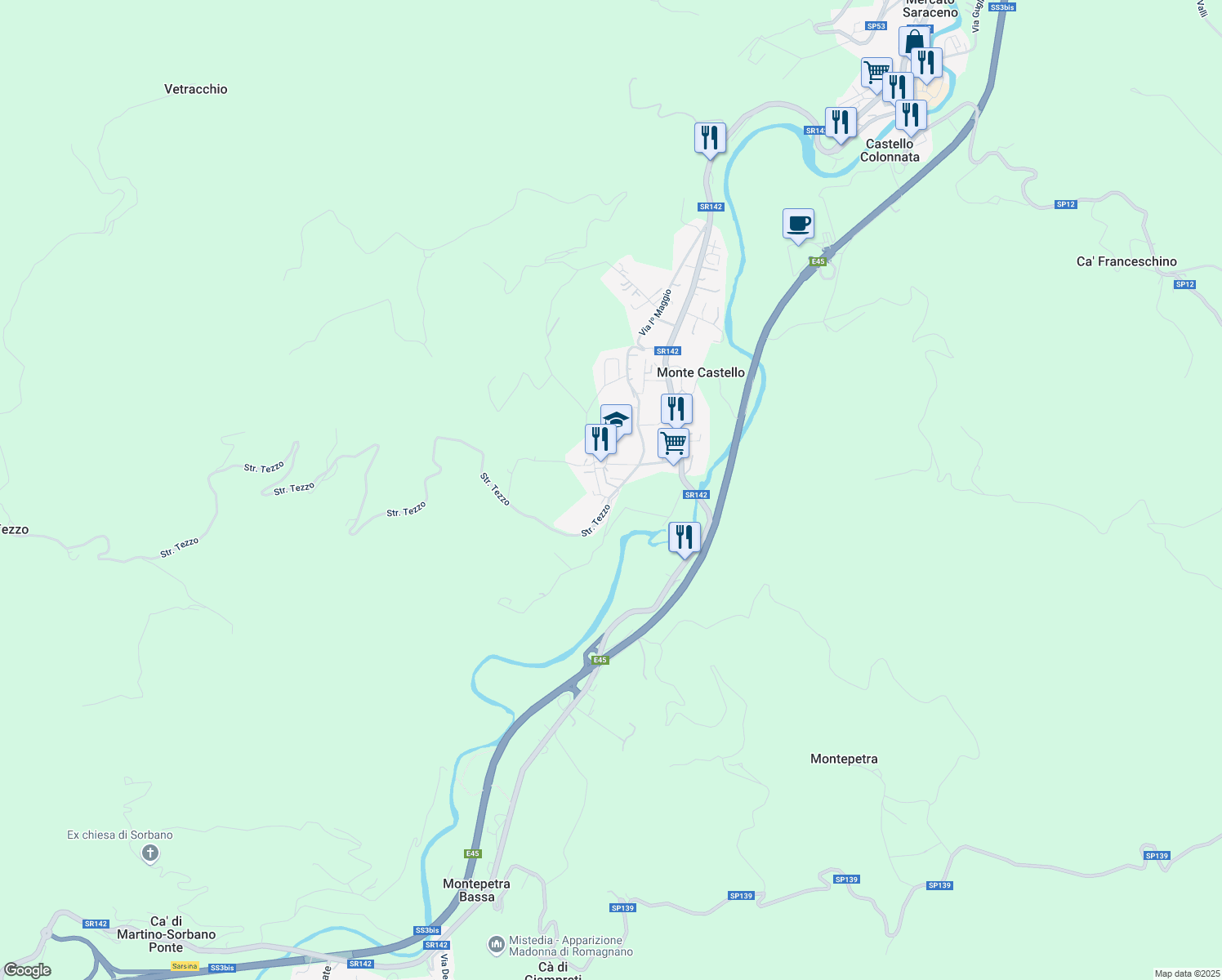 map of restaurants, bars, coffee shops, grocery stores, and more near 14 Via Giuseppe Verdi in Monte Castello