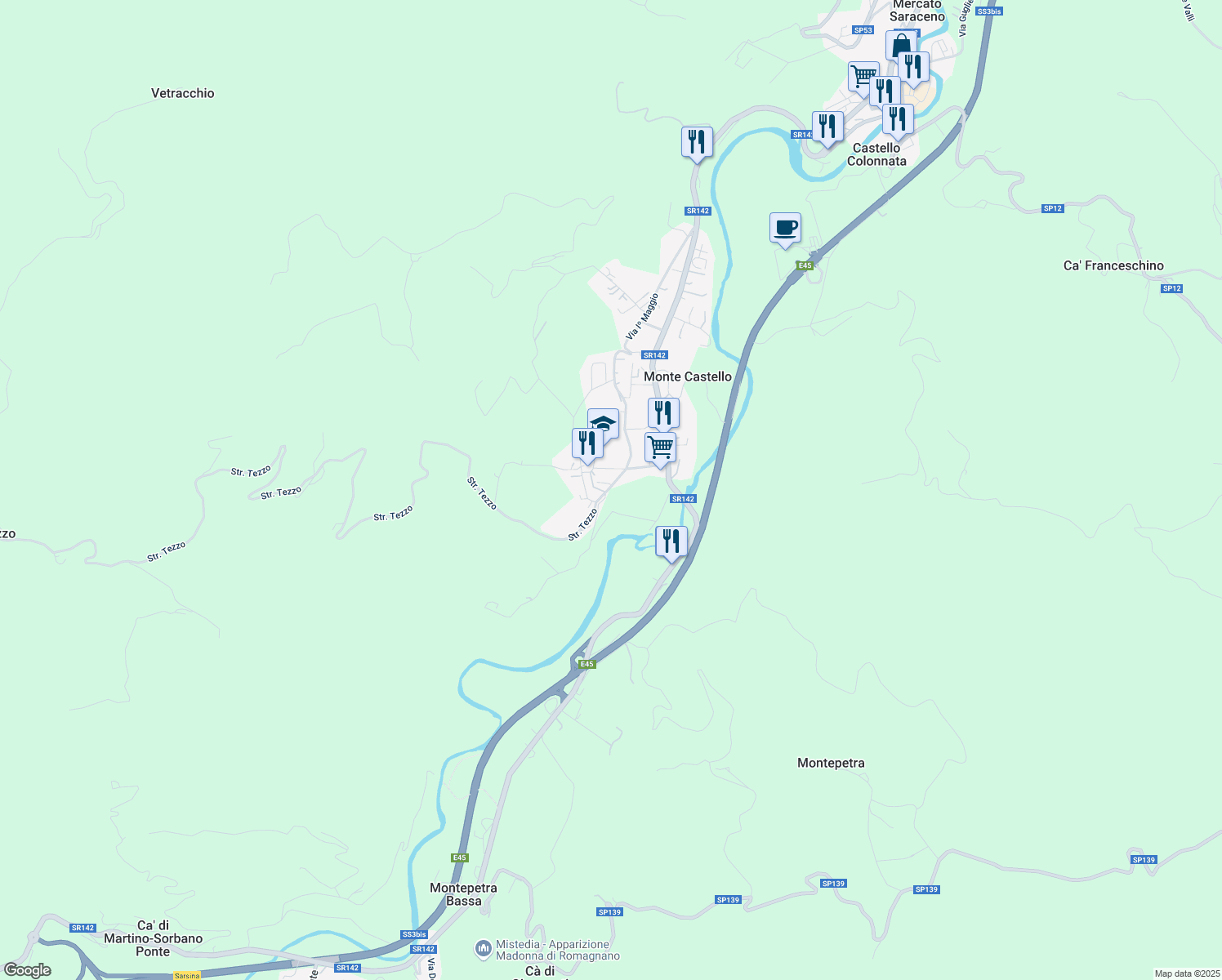 map of restaurants, bars, coffee shops, grocery stores, and more near 14 Via Giuseppe Verdi in Monte Castello