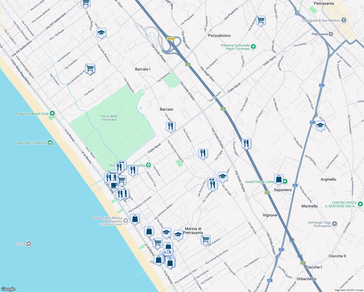 map of restaurants, bars, coffee shops, grocery stores, and more near 30 Via Nicolò Paganini in Pietrasanta