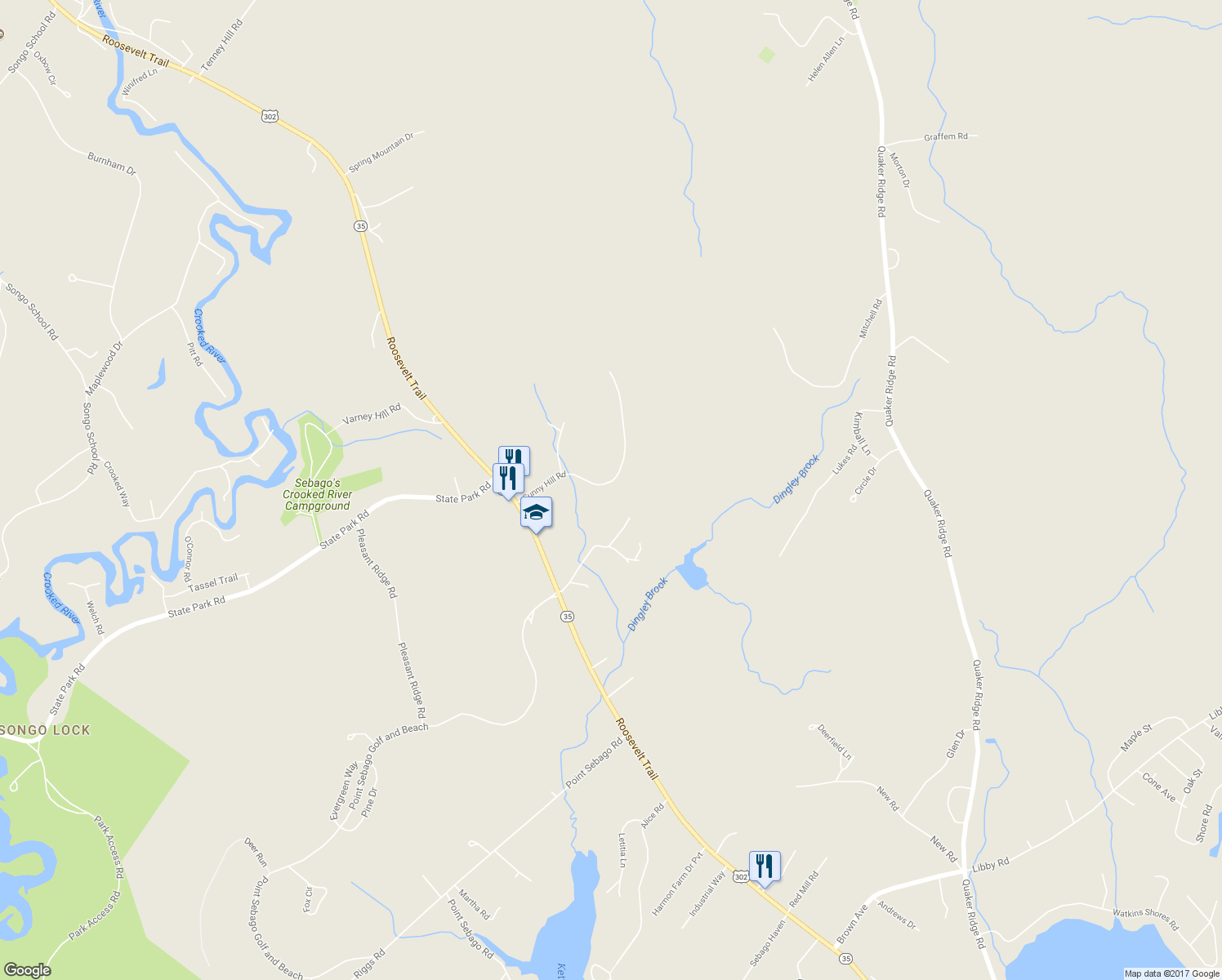 map of restaurants, bars, coffee shops, grocery stores, and more near 45 Sunny Hill Road in Casco