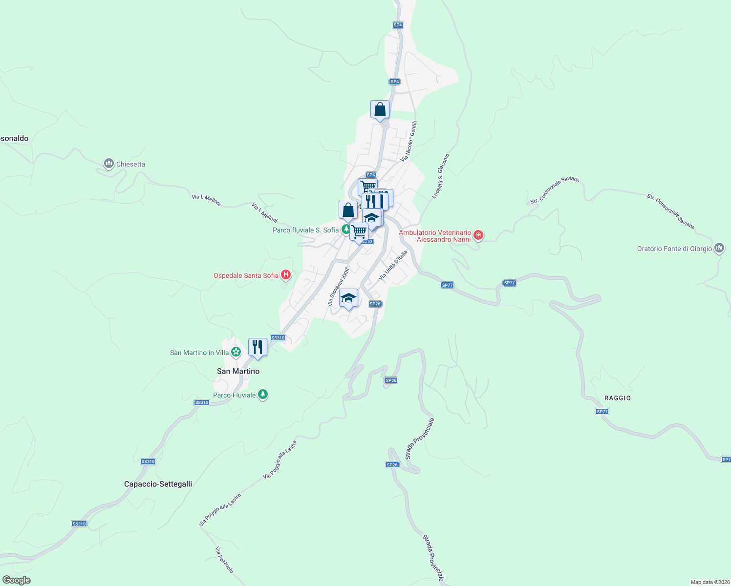 map of restaurants, bars, coffee shops, grocery stores, and more near Strada Provinciale 26 in Santa Sofia