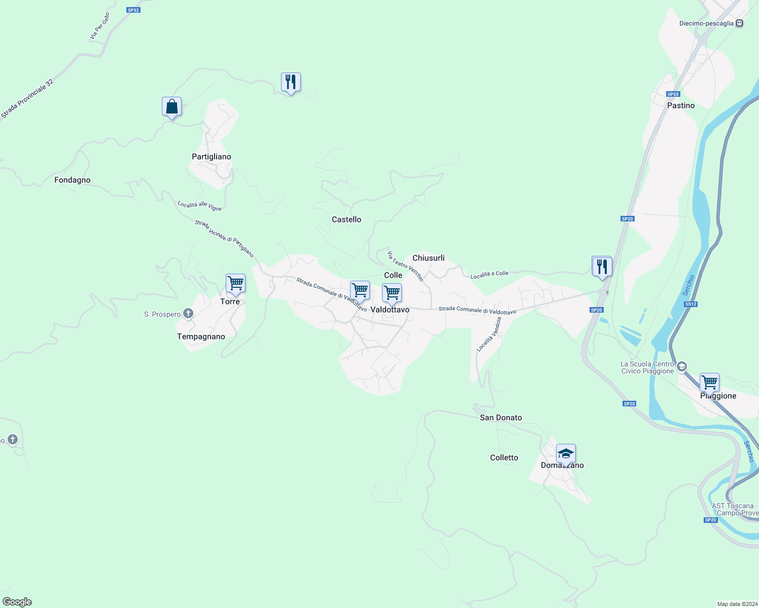 map of restaurants, bars, coffee shops, grocery stores, and more near 32 Strada Comunale di Valdottavo in Valdottavo