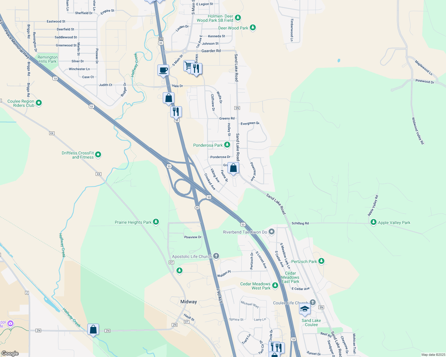 map of restaurants, bars, coffee shops, grocery stores, and more near 1910 Fauna St in Holmen