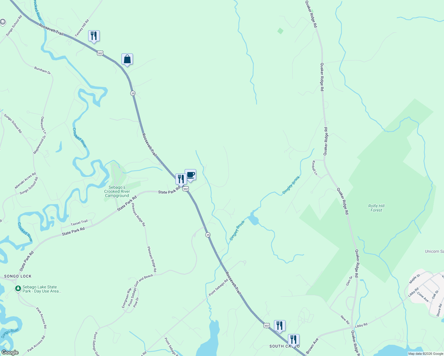 map of restaurants, bars, coffee shops, grocery stores, and more near 70 Sunny Hill Rd in Casco