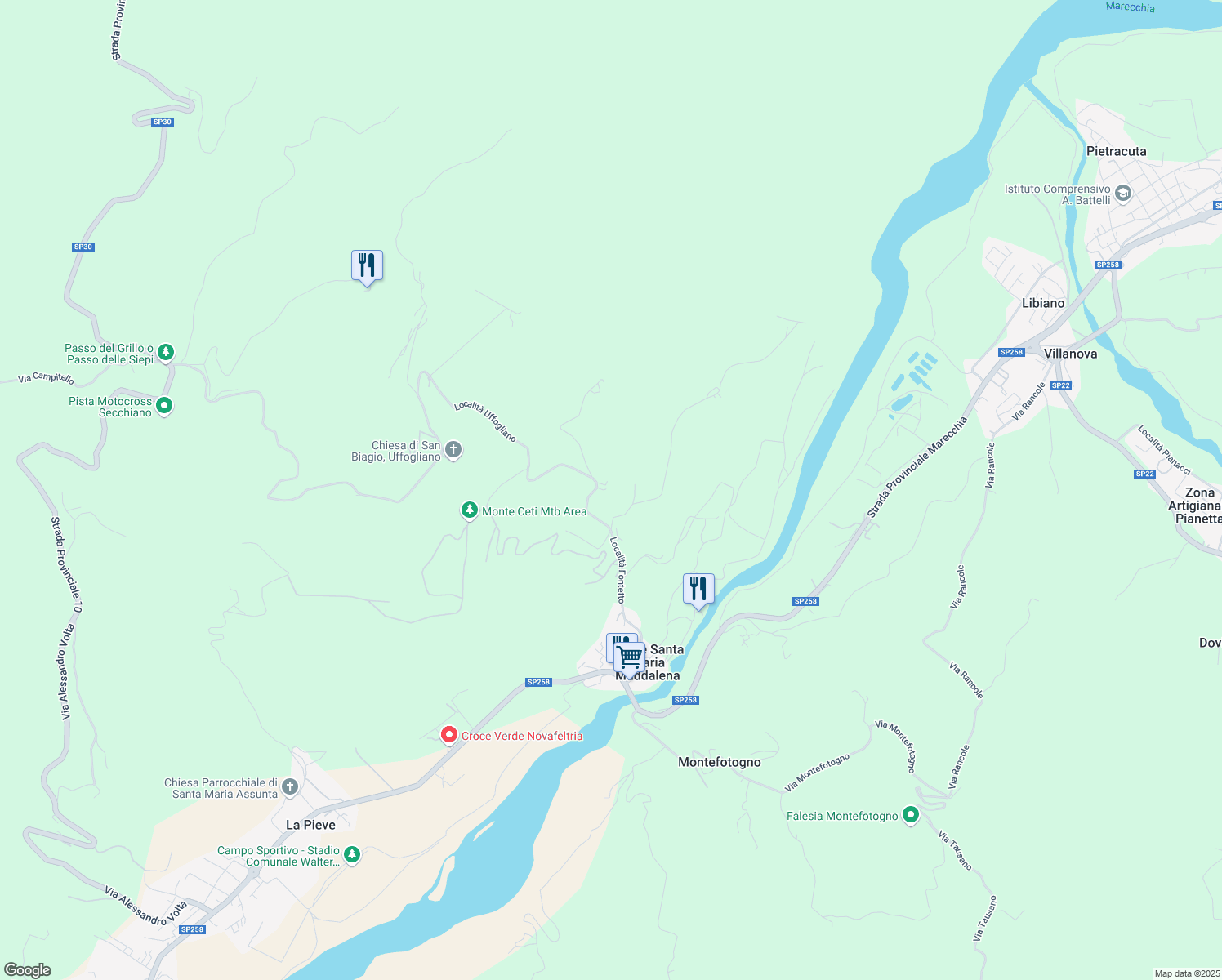 map of restaurants, bars, coffee shops, grocery stores, and more near 99 Località Uffogliano in Provincia di Rimini