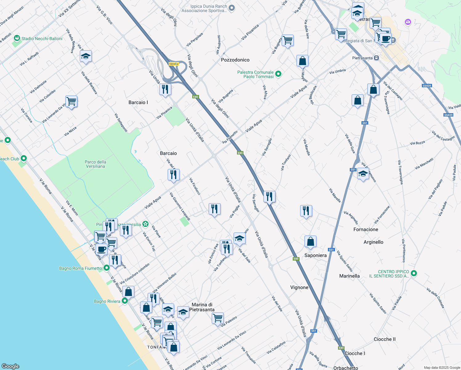 map of restaurants, bars, coffee shops, grocery stores, and more near Via Unità d'Italia in Provincia di Lucca