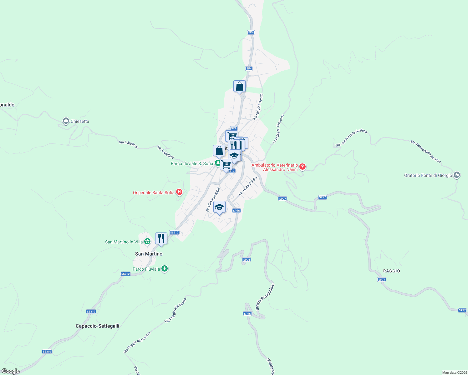 map of restaurants, bars, coffee shops, grocery stores, and more near 26 SP26 in Santa Sofia