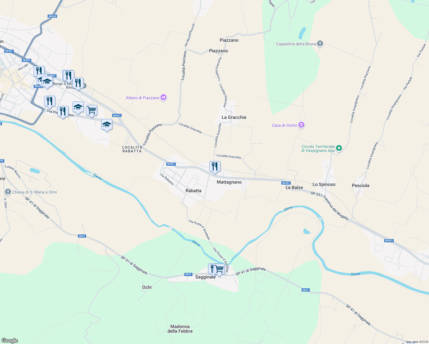 map of restaurants, bars, coffee shops, grocery stores, and more near 99 Località Gracchia in Mattagnano