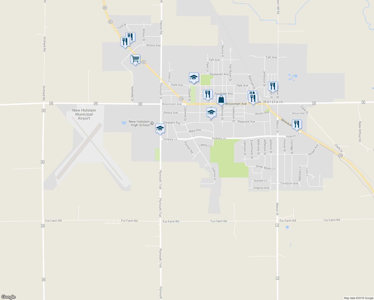 map of restaurants, bars, coffee shops, grocery stores, and more near 1525 Puritan Rd in New Holstein