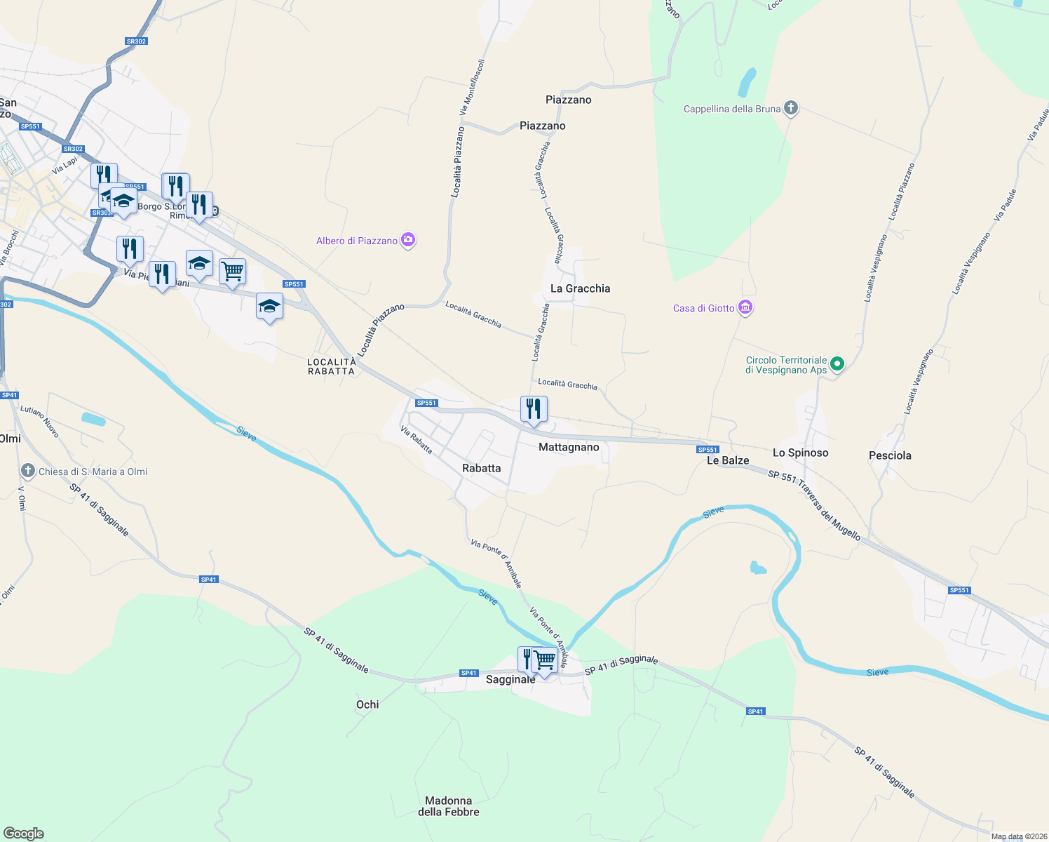 map of restaurants, bars, coffee shops, grocery stores, and more near 99 Località Gracchia in Mattagnano