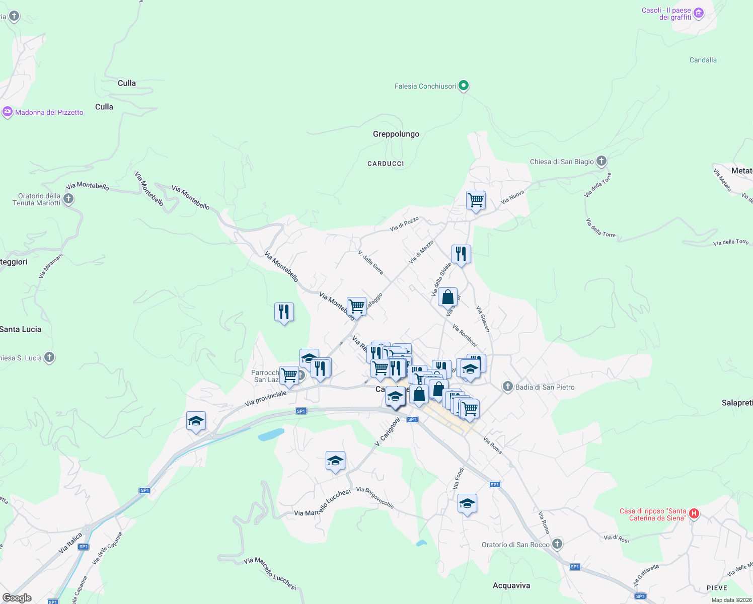 map of restaurants, bars, coffee shops, grocery stores, and more near 3 Via dei Ciliegi in Camaiore