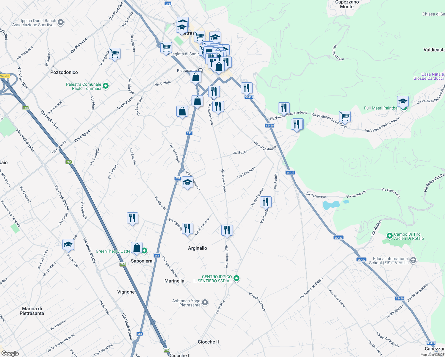 map of restaurants, bars, coffee shops, grocery stores, and more near 88 Via Traversagna in Pietrasanta