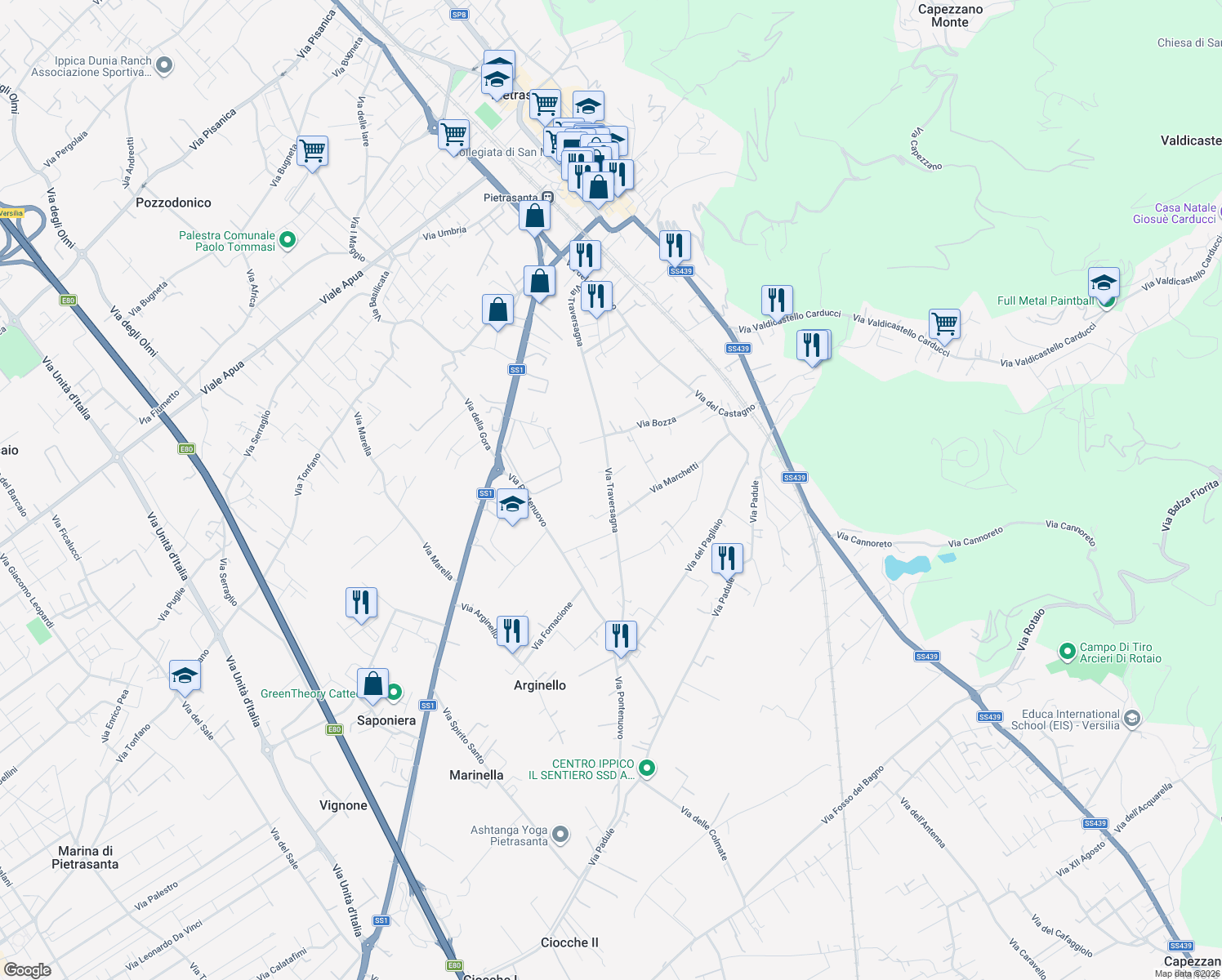 map of restaurants, bars, coffee shops, grocery stores, and more near 88 Via Traversagna in Pietrasanta