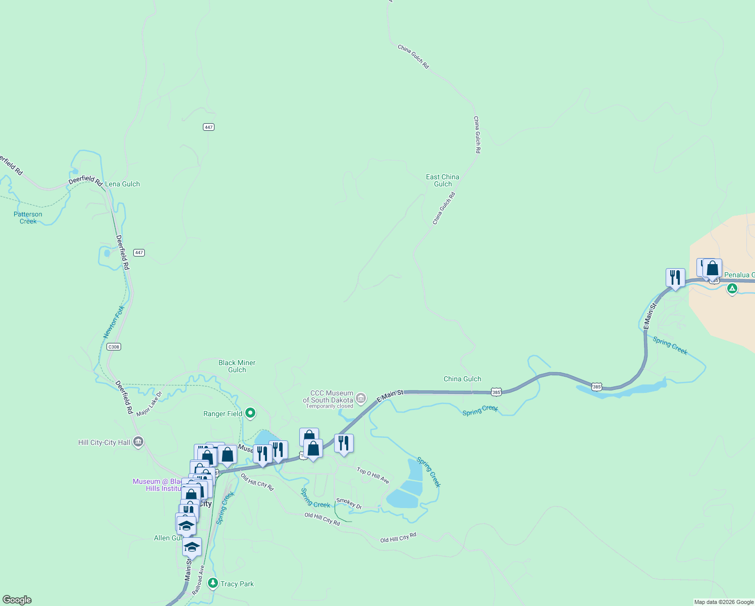 map of restaurants, bars, coffee shops, grocery stores, and more near 12491 Tall Pine Road in Hill City