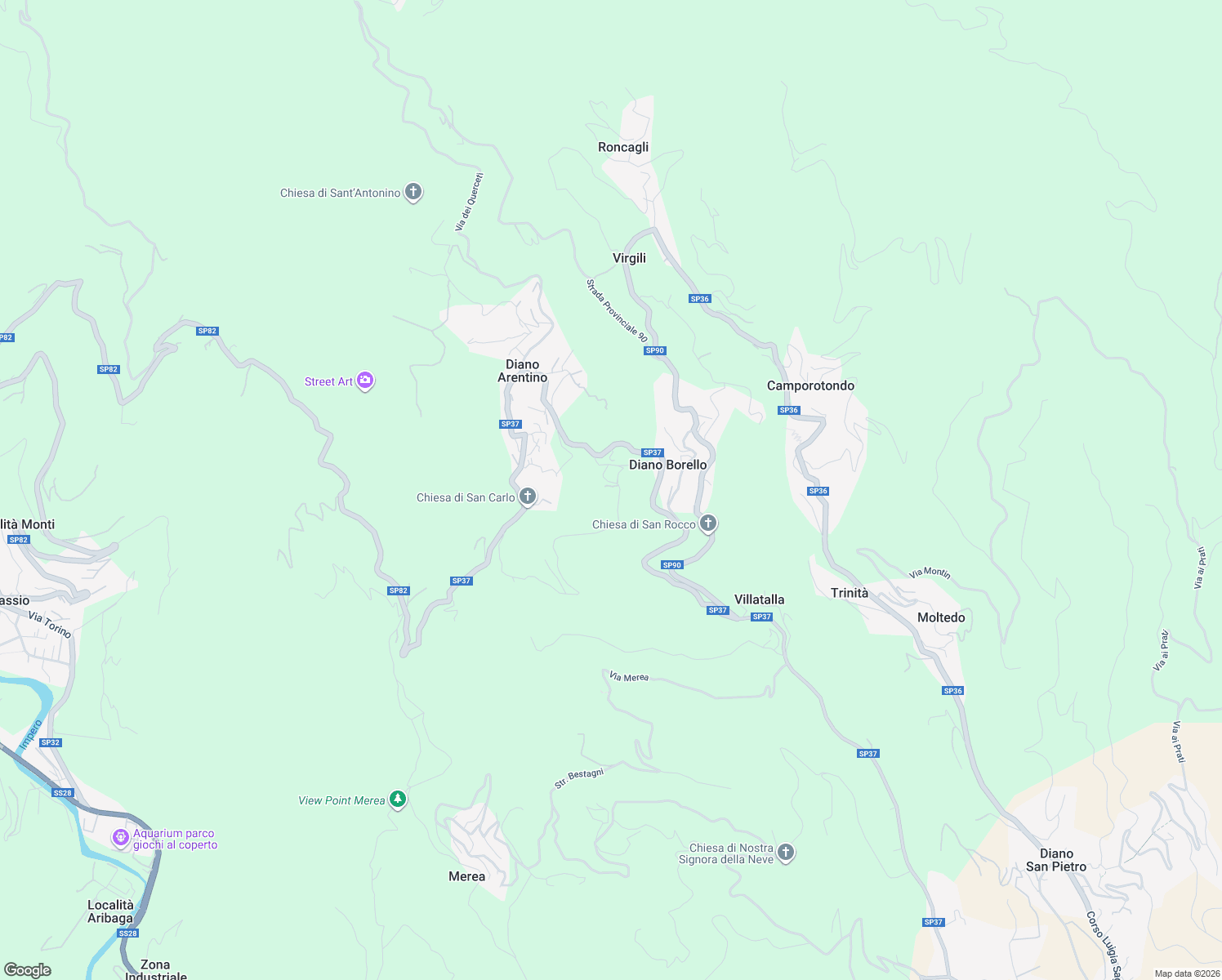 map of restaurants, bars, coffee shops, grocery stores, and more near 17 Borgata Ascheri in Diano Borello