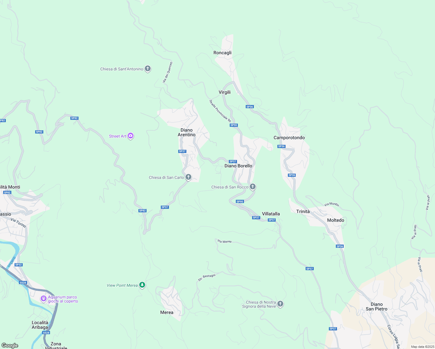 map of restaurants, bars, coffee shops, grocery stores, and more near 17 Borgata Ascheri in Diano Borello