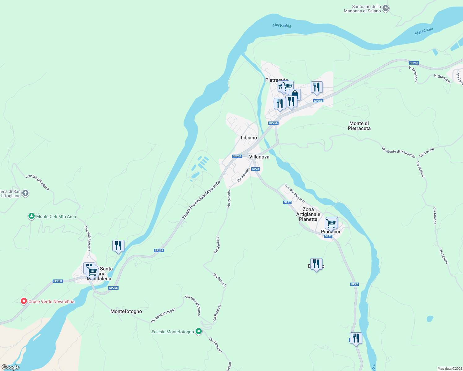 map of restaurants, bars, coffee shops, grocery stores, and more near 13 Via Rancole in Provincia di Rimini