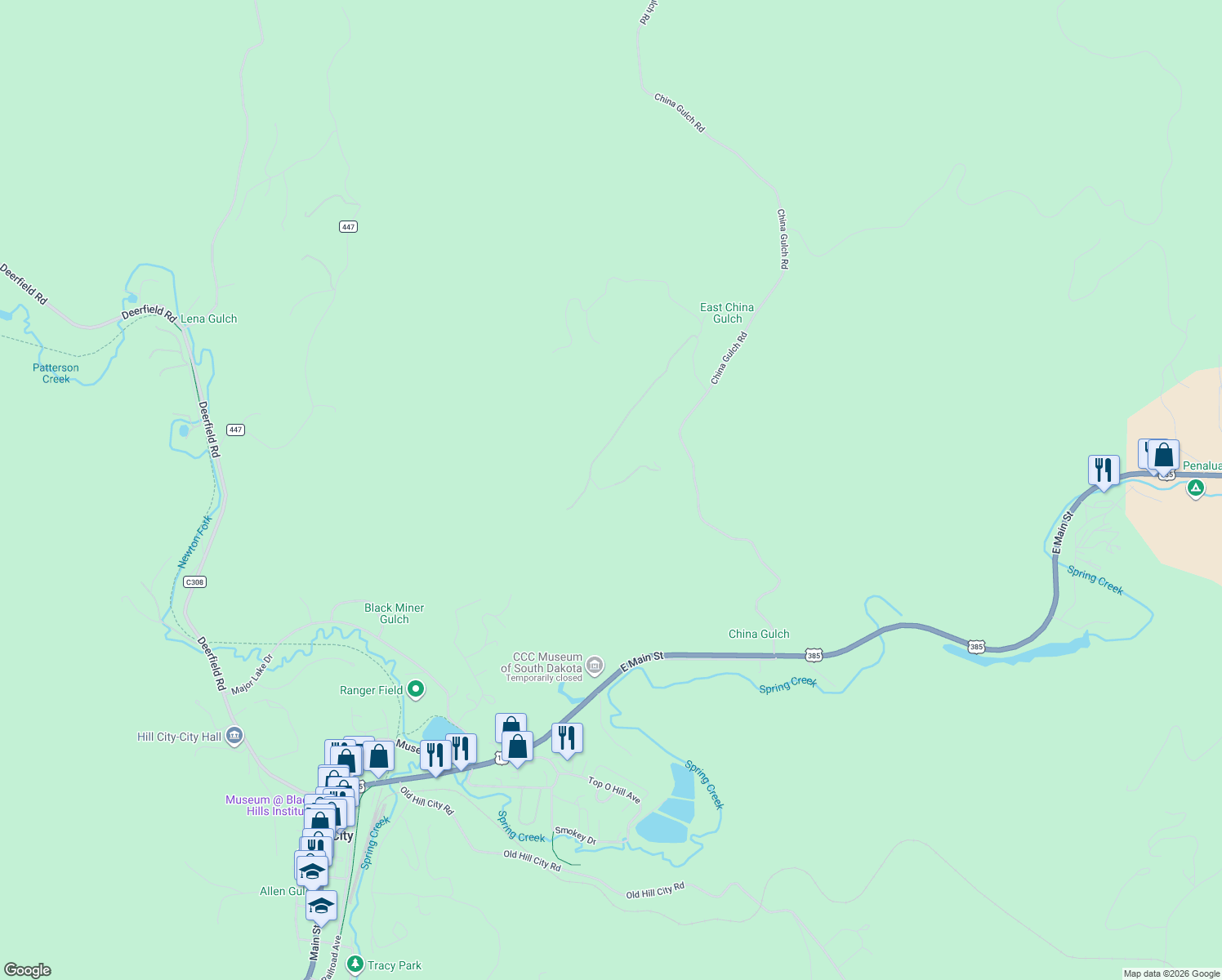 map of restaurants, bars, coffee shops, grocery stores, and more near 12491 Tall Pine Road in Hill City