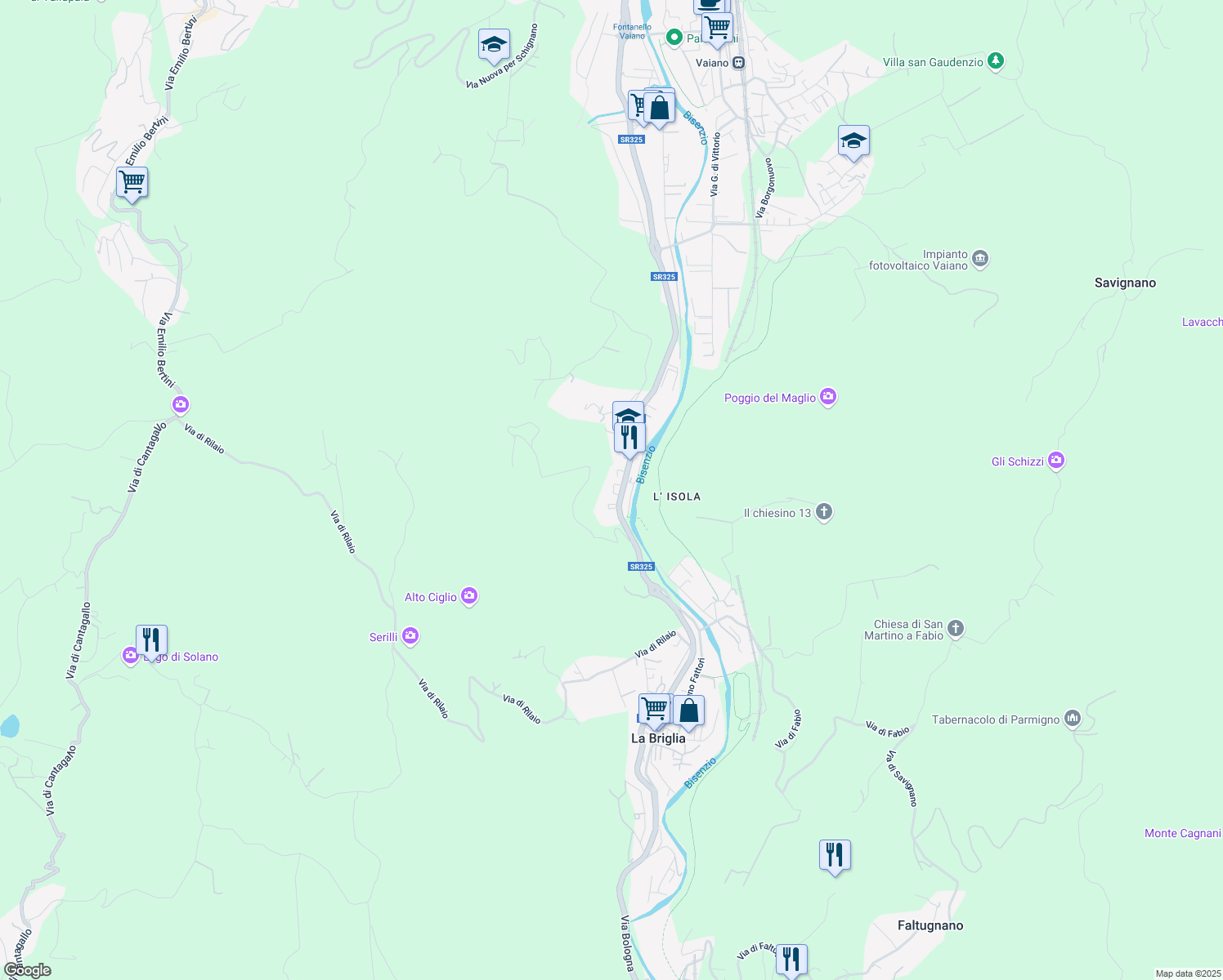 map of restaurants, bars, coffee shops, grocery stores, and more near 12 Via Fratelli Favini in Vaiano