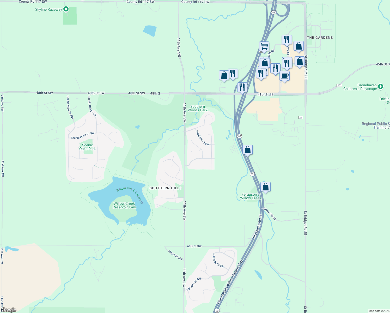 map of restaurants, bars, coffee shops, grocery stores, and more near 991 Southern Ridge Drive Southwest in Rochester