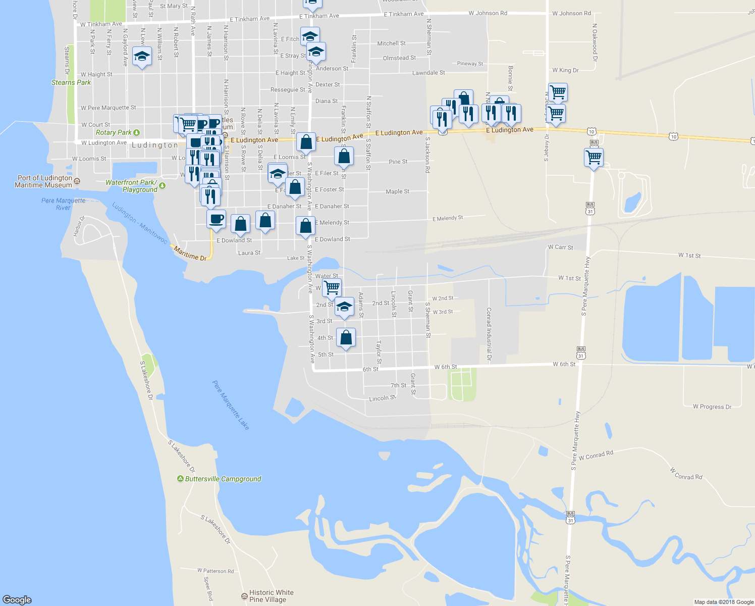 map of restaurants, bars, coffee shops, grocery stores, and more near 2nd Street in Ludington