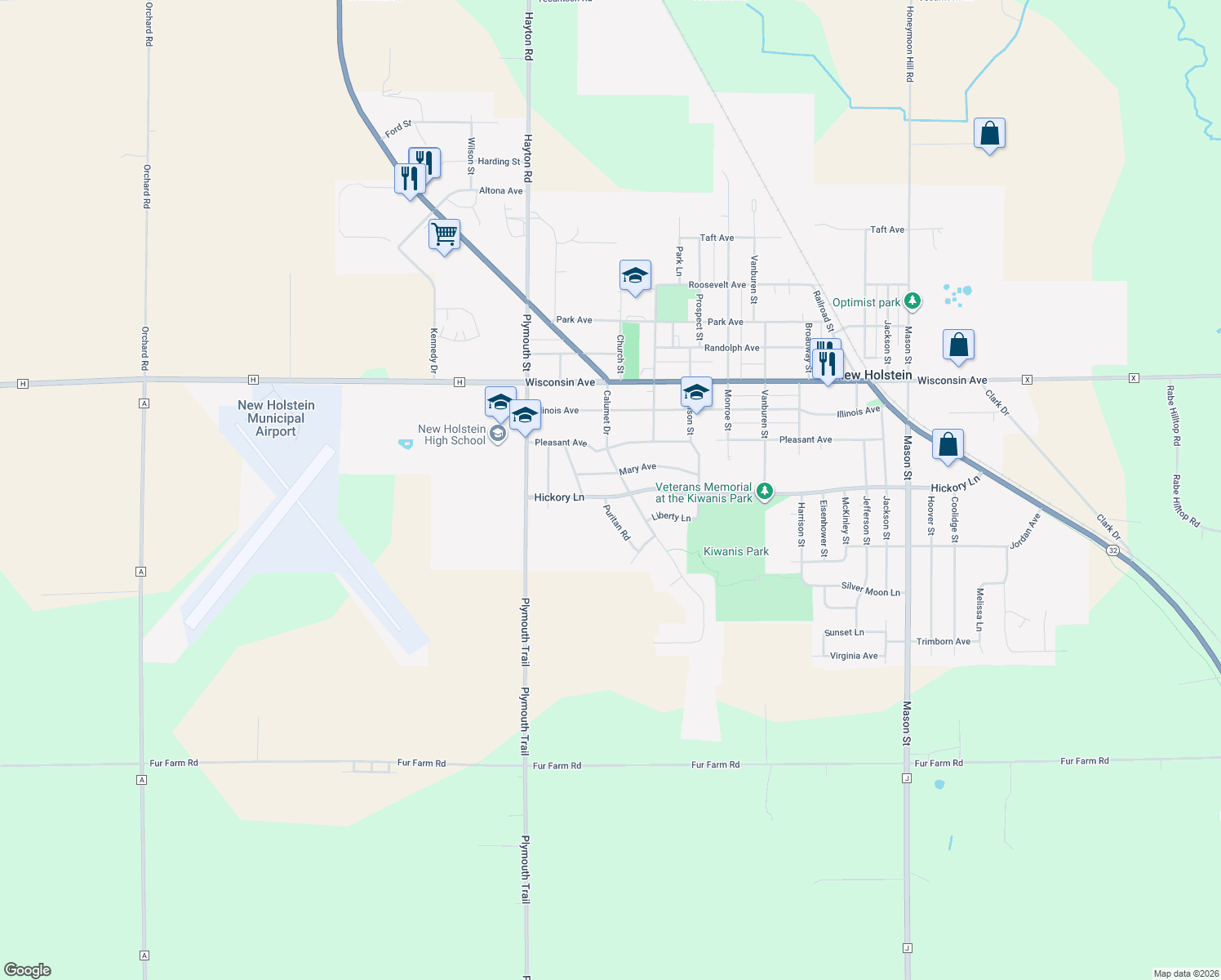 map of restaurants, bars, coffee shops, grocery stores, and more near 2304 Hickory Ln in New Holstein