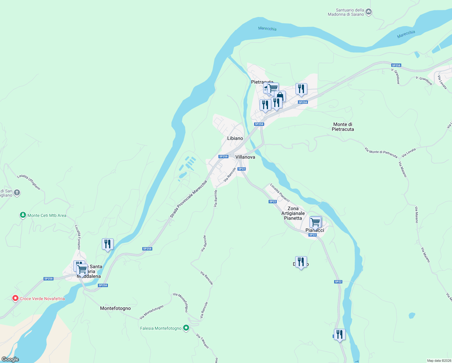 map of restaurants, bars, coffee shops, grocery stores, and more near 13 Via Rancole in Provincia di Rimini