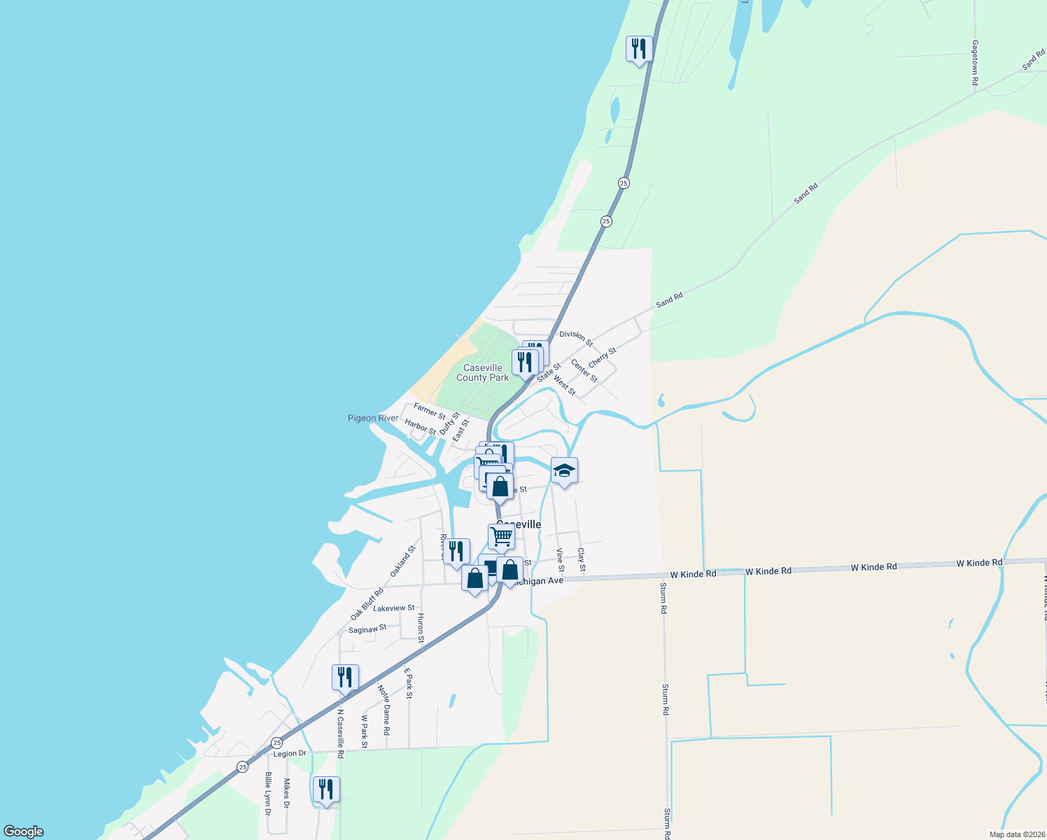 map of restaurants, bars, coffee shops, grocery stores, and more near 6439 Terrie Drive in Caseville