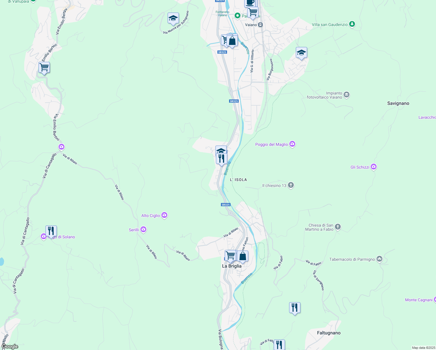 map of restaurants, bars, coffee shops, grocery stores, and more near 12 Via Fratelli Favini in Vaiano