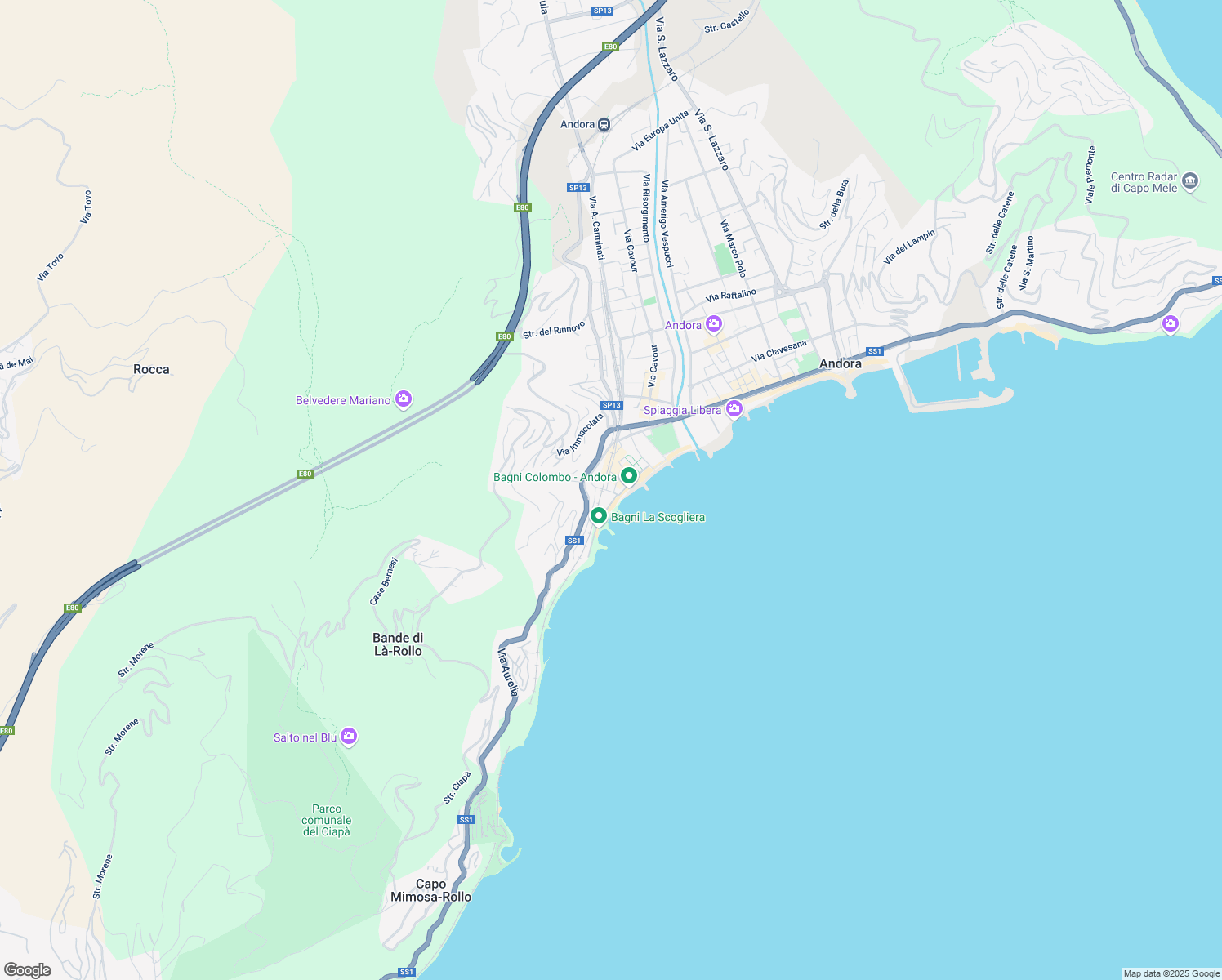 map of restaurants, bars, coffee shops, grocery stores, and more near 17 Via Caprera in Andora
