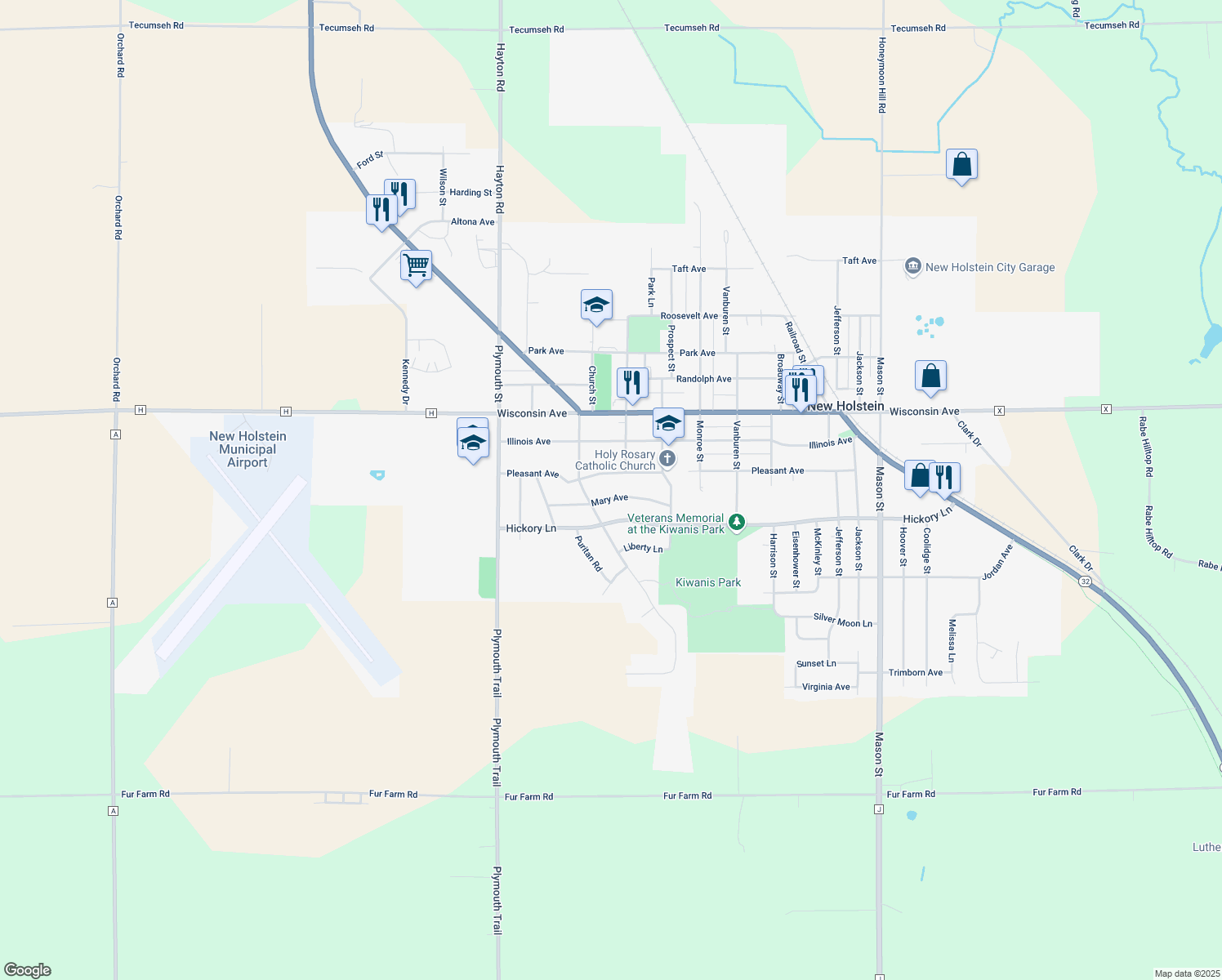 map of restaurants, bars, coffee shops, grocery stores, and more near 2206 Mary Ave in New Holstein