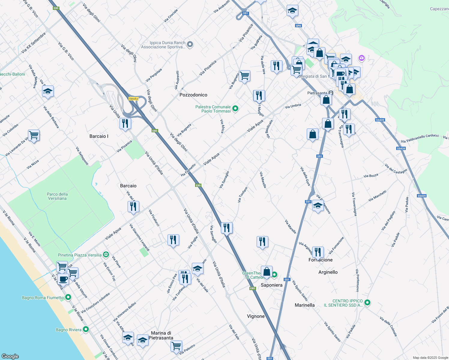 map of restaurants, bars, coffee shops, grocery stores, and more near 125A Via Serraglio in Pietrasanta