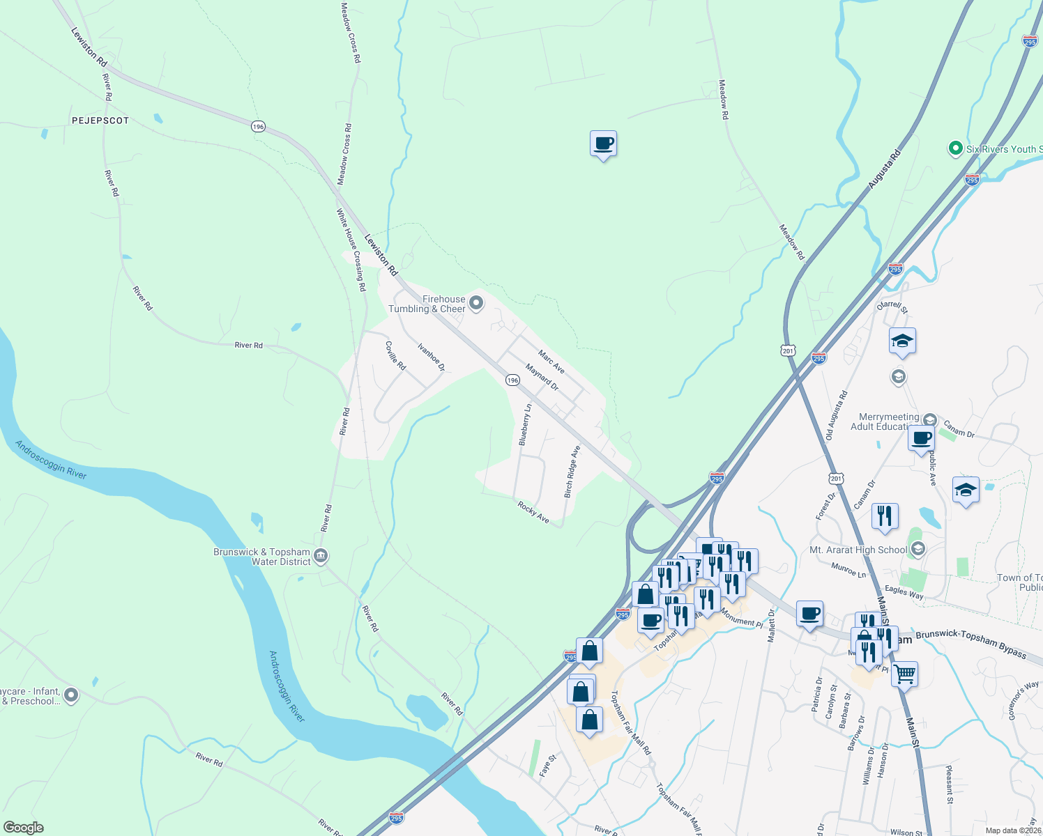 map of restaurants, bars, coffee shops, grocery stores, and more near 3 Blueberry Lane in Topsham