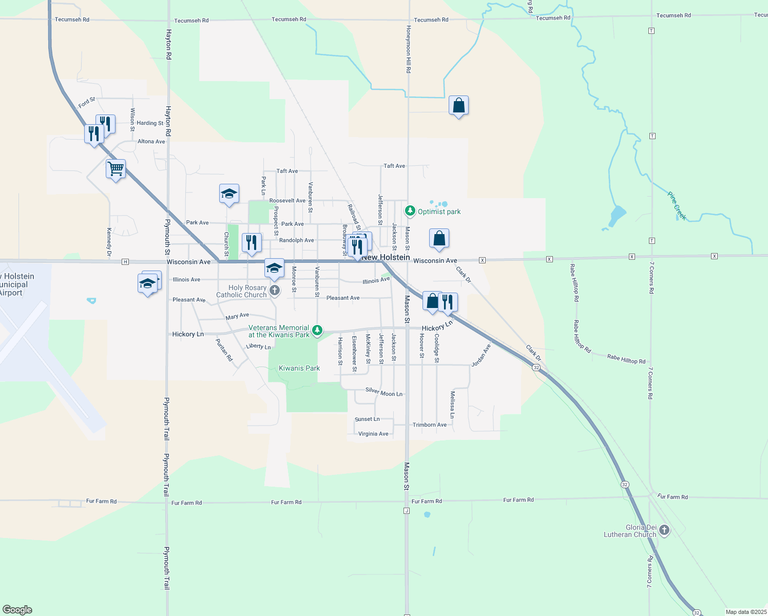 map of restaurants, bars, coffee shops, grocery stores, and more near 1808 Jefferson St in New Holstein