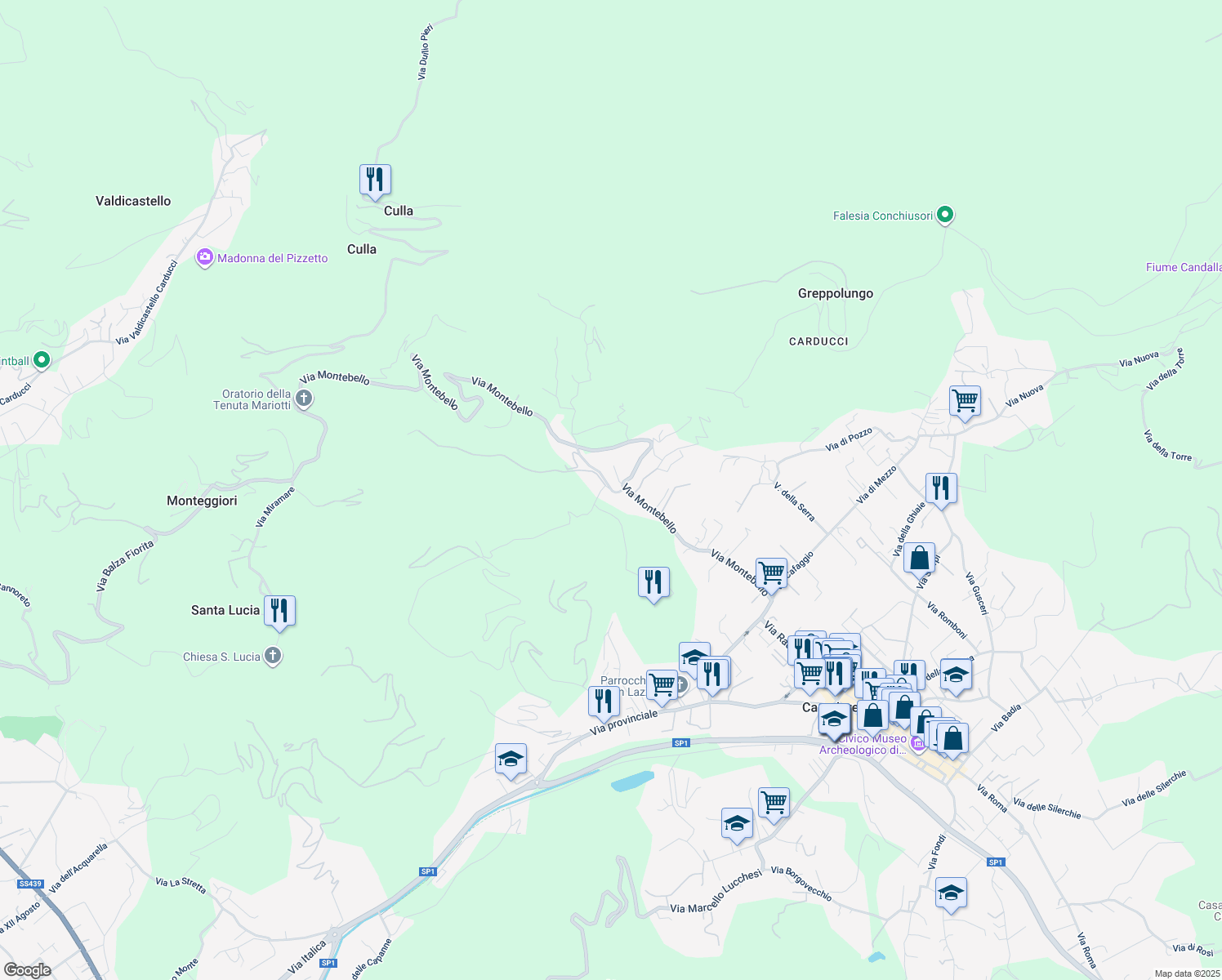 map of restaurants, bars, coffee shops, grocery stores, and more near 154 Via Montebello in Provincia di Lucca