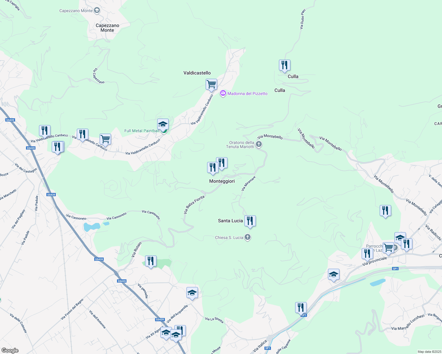map of restaurants, bars, coffee shops, grocery stores, and more near 11 Via del Castello in Monteggiori