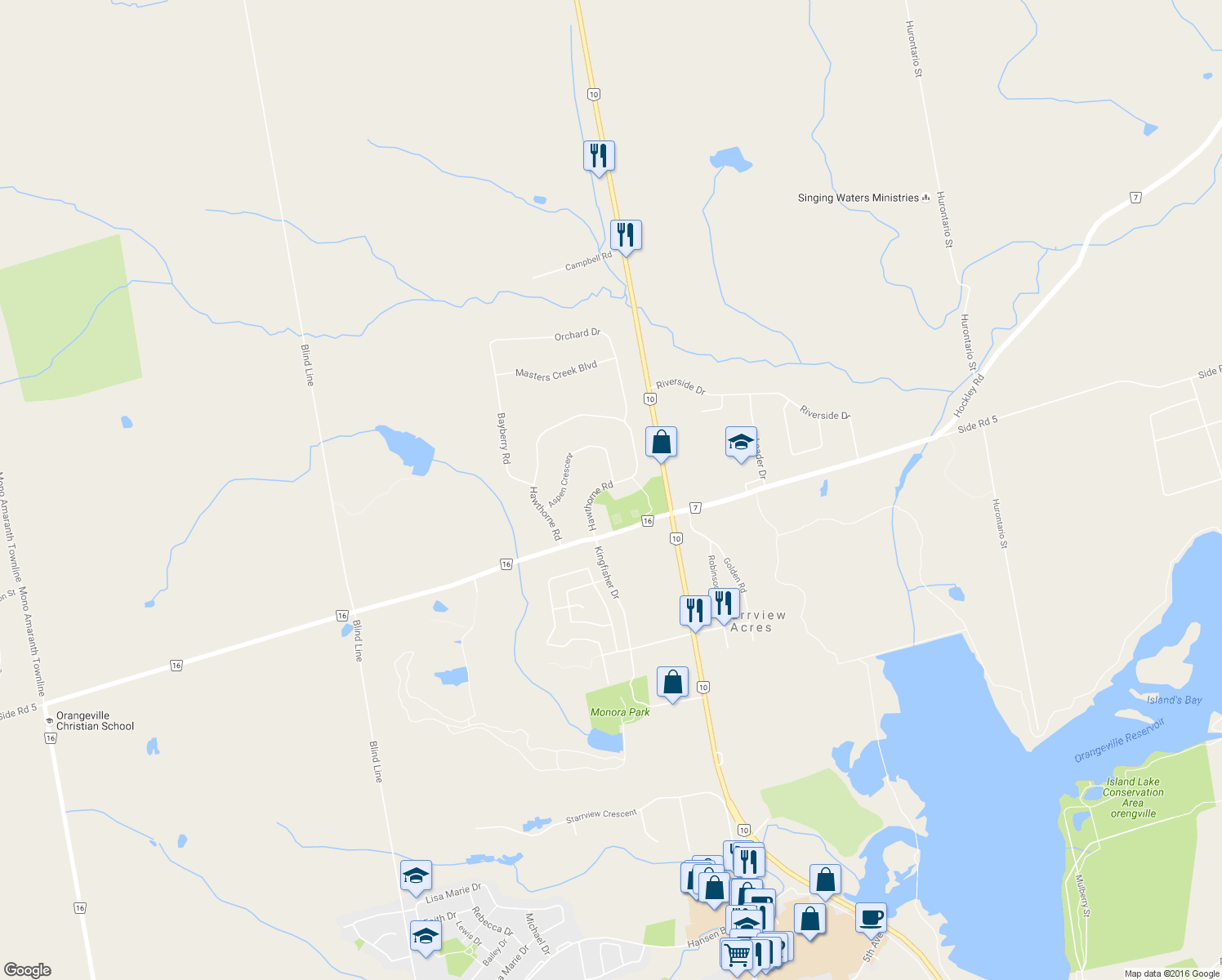 map of restaurants, bars, coffee shops, grocery stores, and more near 12 Hawthorne Road in Orangeville