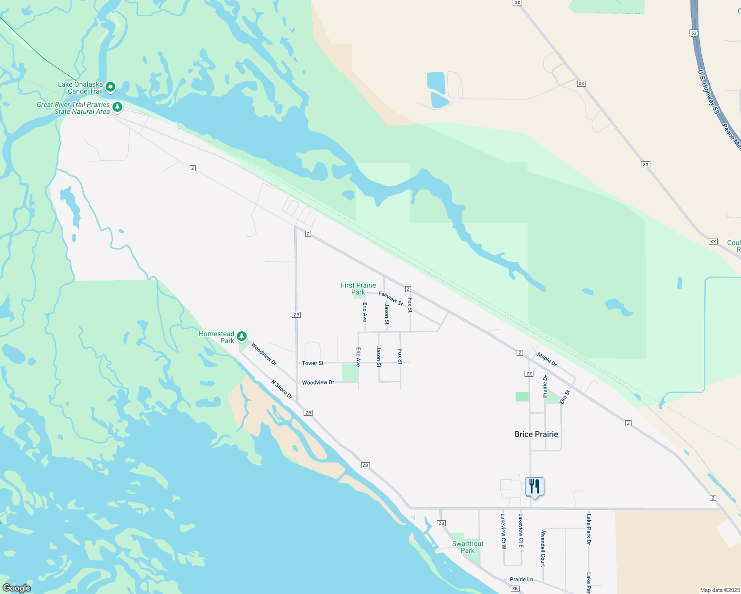 map of restaurants, bars, coffee shops, grocery stores, and more near N6264 Eric Avenue in Onalaska
