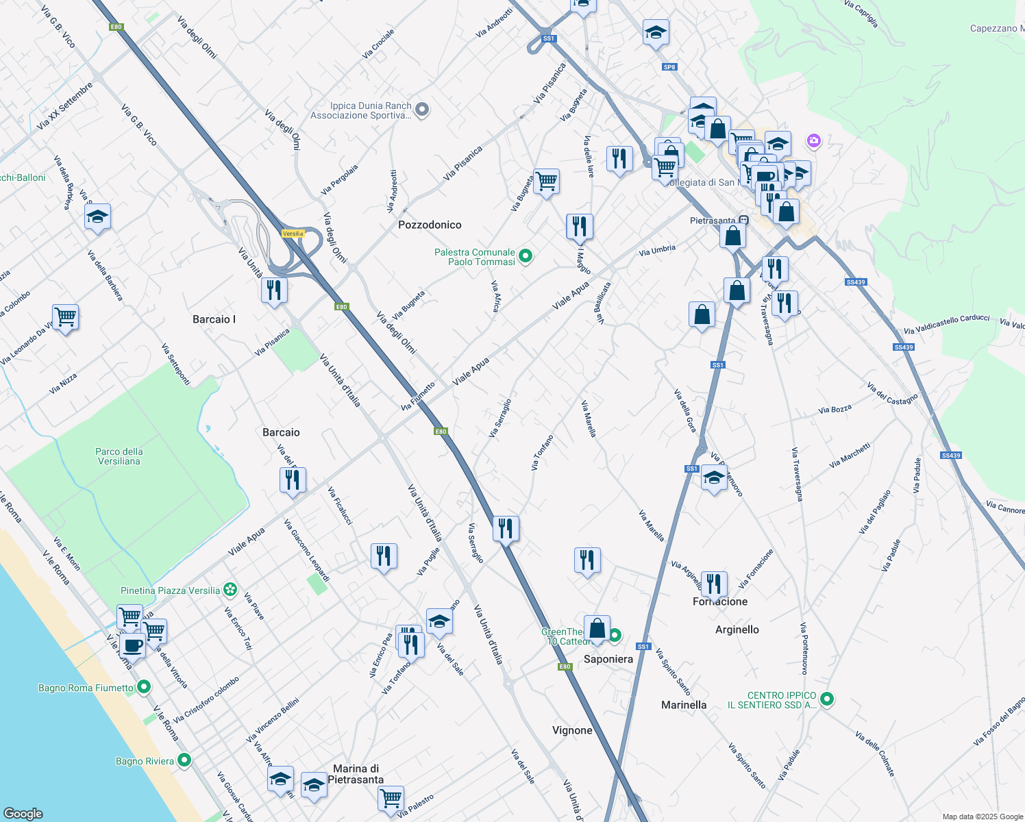map of restaurants, bars, coffee shops, grocery stores, and more near 125A Via Serraglio in Pietrasanta