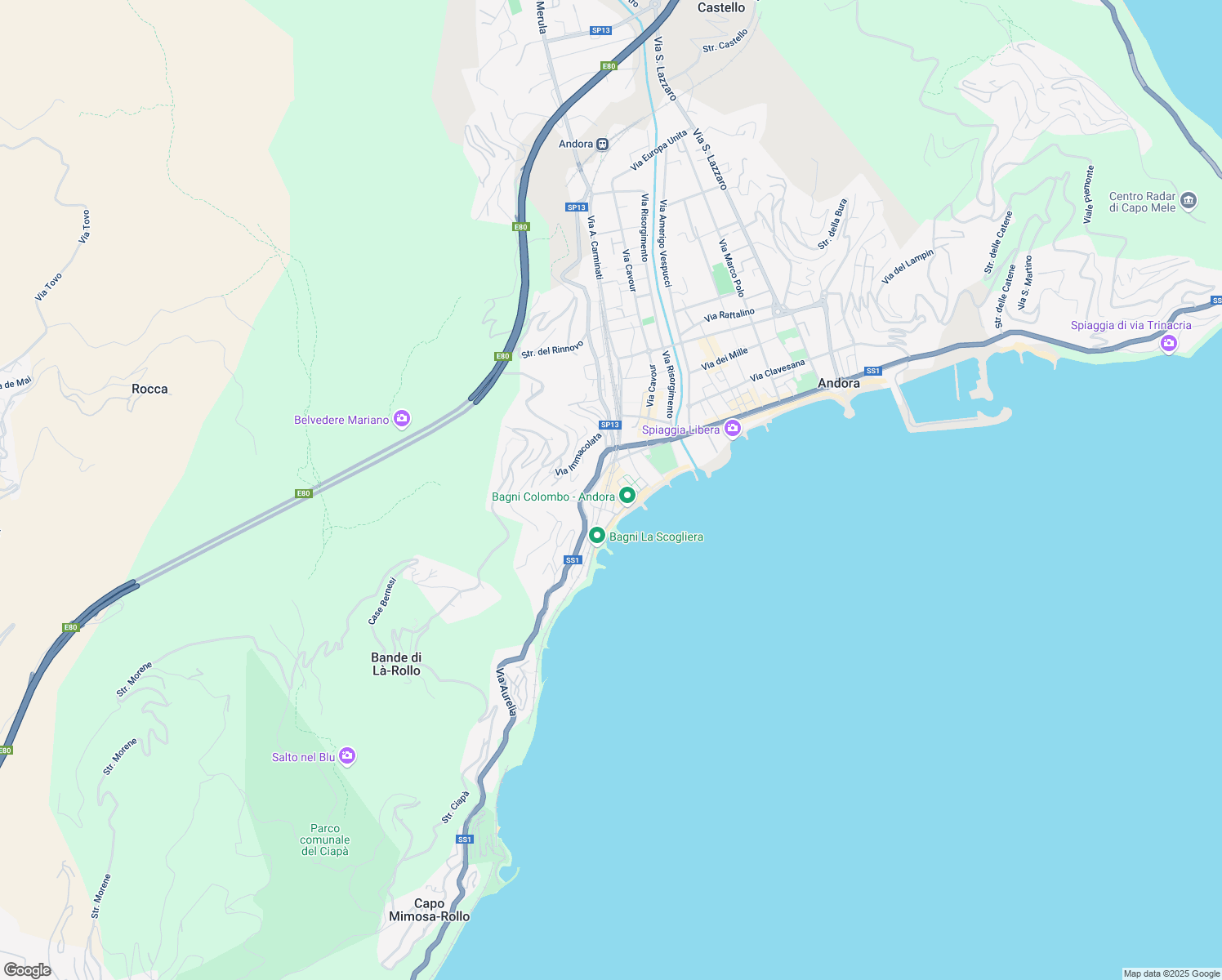 map of restaurants, bars, coffee shops, grocery stores, and more near 17 Via Caprera in Marina di Andora