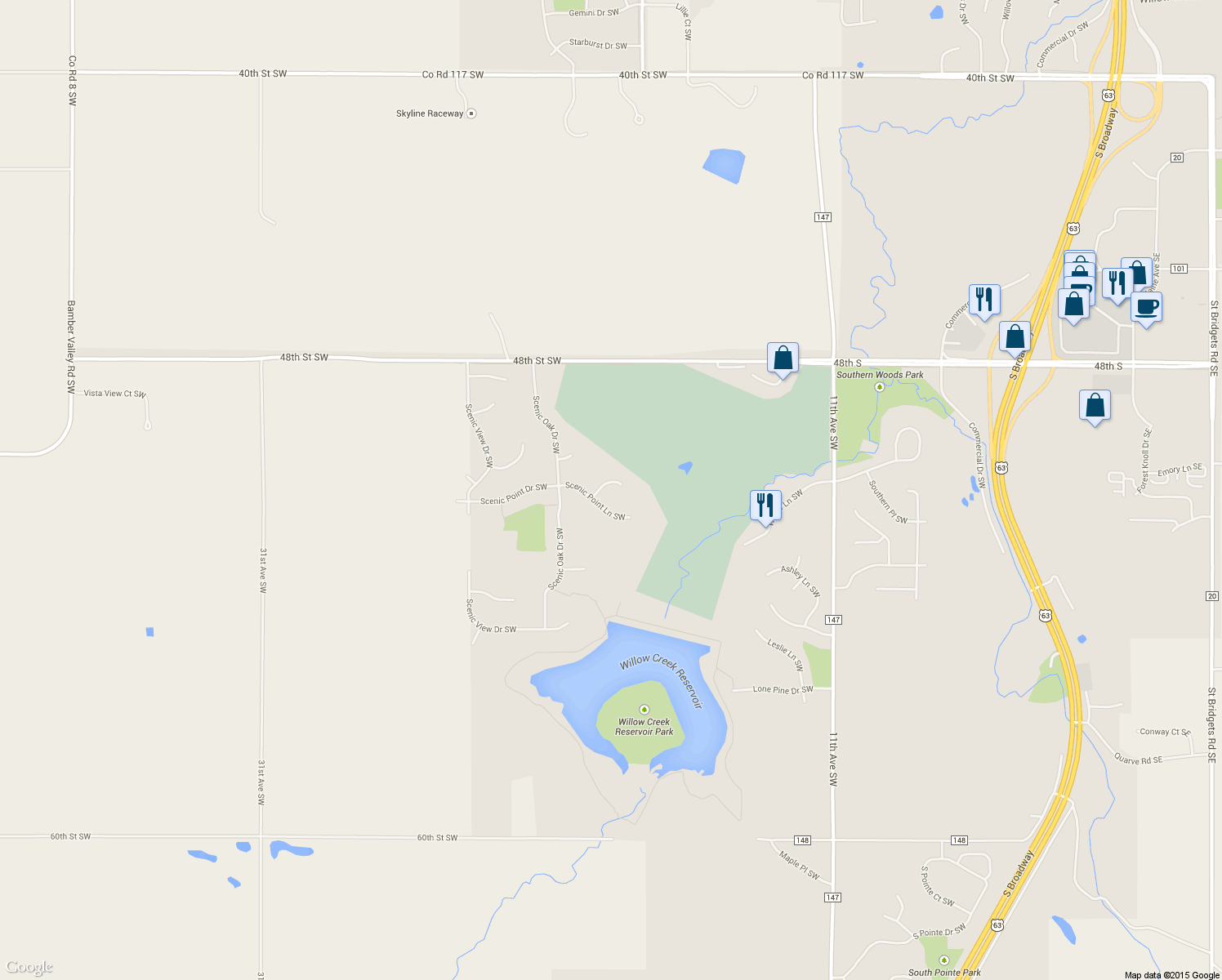 map of restaurants, bars, coffee shops, grocery stores, and more near 5020 Regal Oak Lane Southwest in Rochester