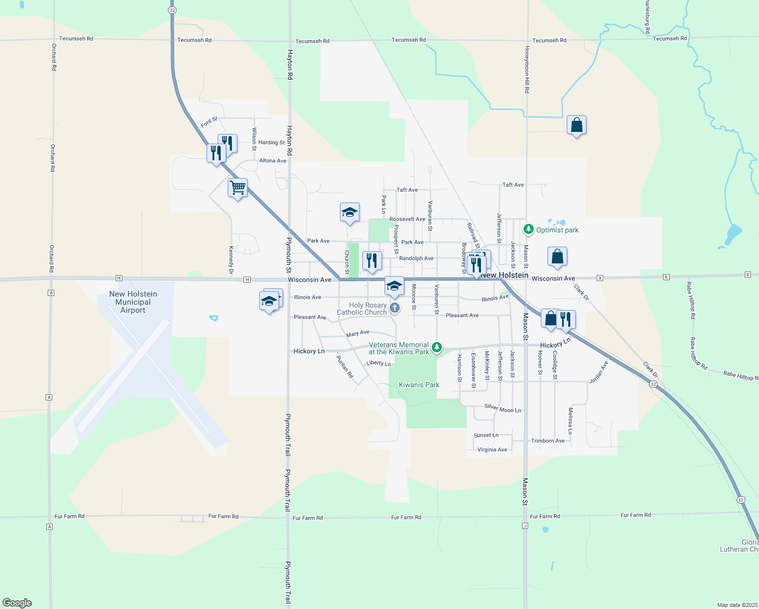map of restaurants, bars, coffee shops, grocery stores, and more near 2117 Illinois Avenue in New Holstein