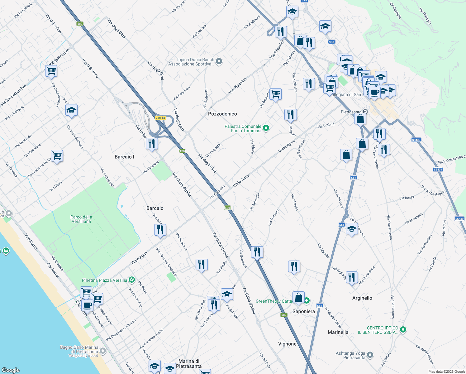 map of restaurants, bars, coffee shops, grocery stores, and more near 147 Viale Apua in Pietrasanta