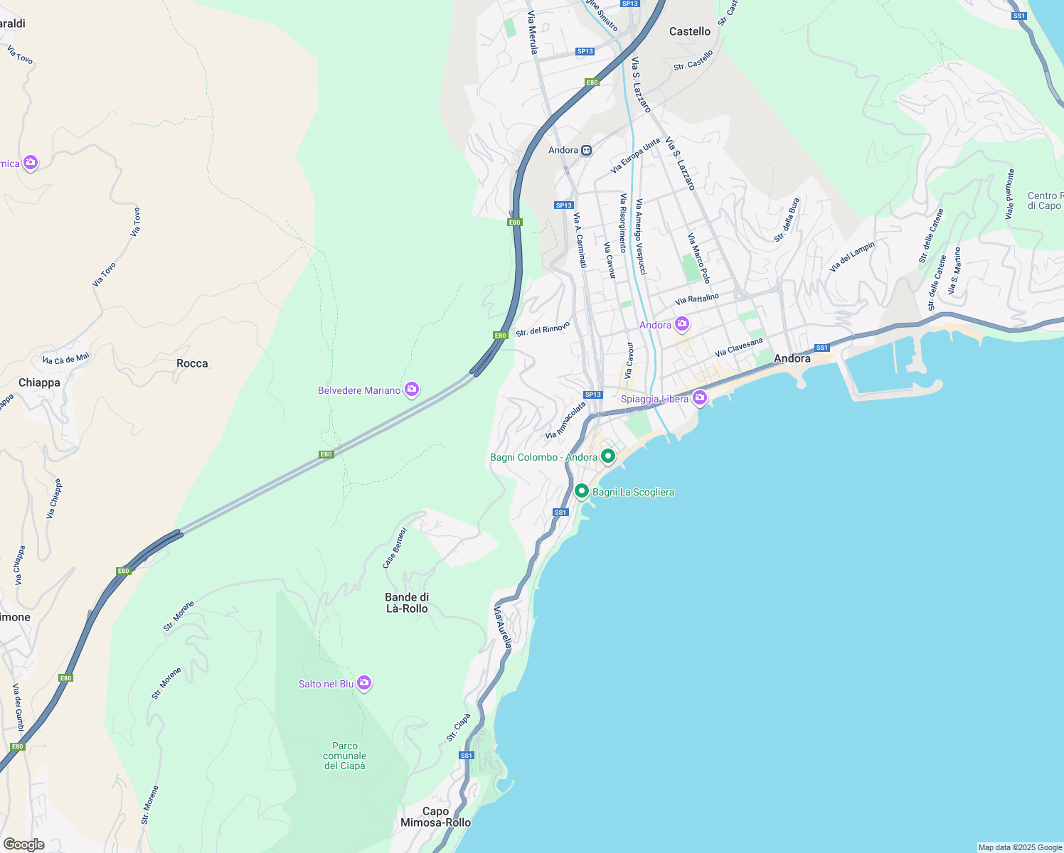 map of restaurants, bars, coffee shops, grocery stores, and more near 34 Via Immacolata in Marina di Andora
