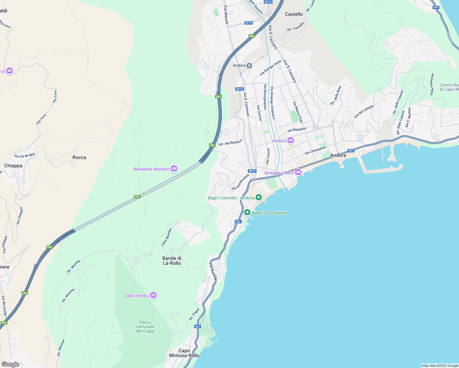 map of restaurants, bars, coffee shops, grocery stores, and more near 34 Via Immacolata in Marina di Andora