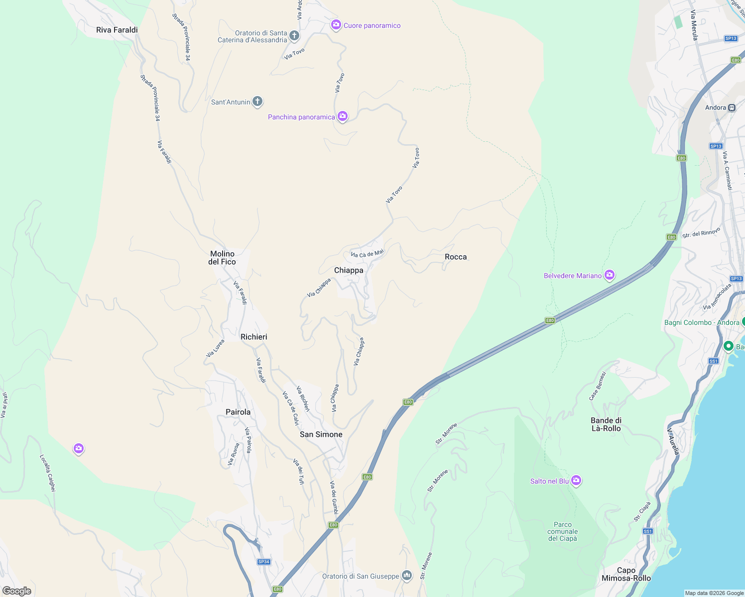 map of restaurants, bars, coffee shops, grocery stores, and more near 102 Via Chiappa in Chiappa