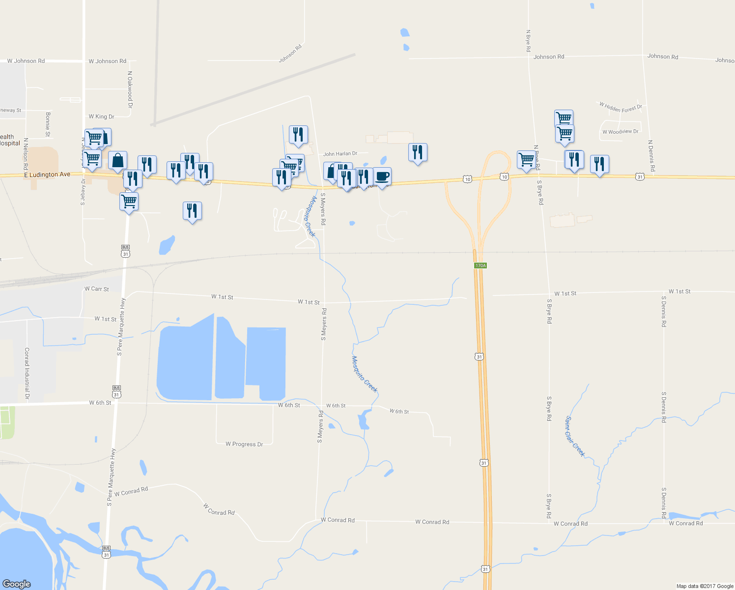 map of restaurants, bars, coffee shops, grocery stores, and more near 4634 West 1st Street in Ludington