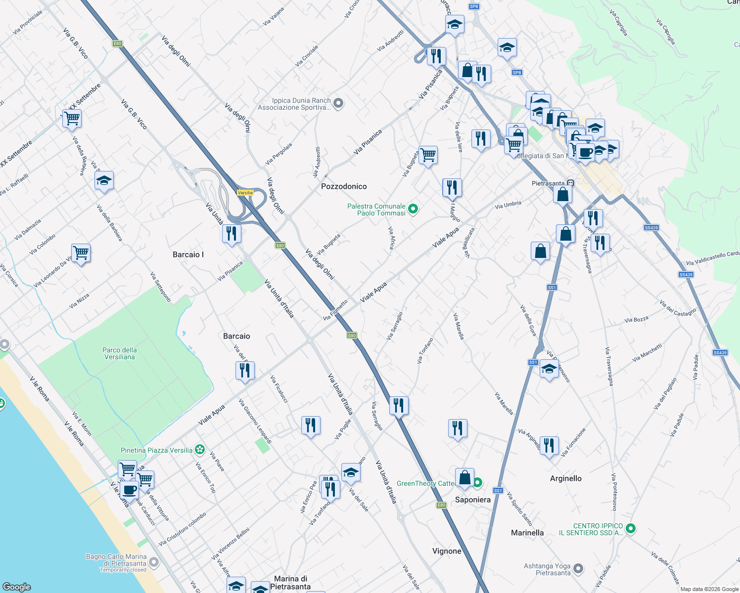 map of restaurants, bars, coffee shops, grocery stores, and more near 147 Viale Apua in Pietrasanta