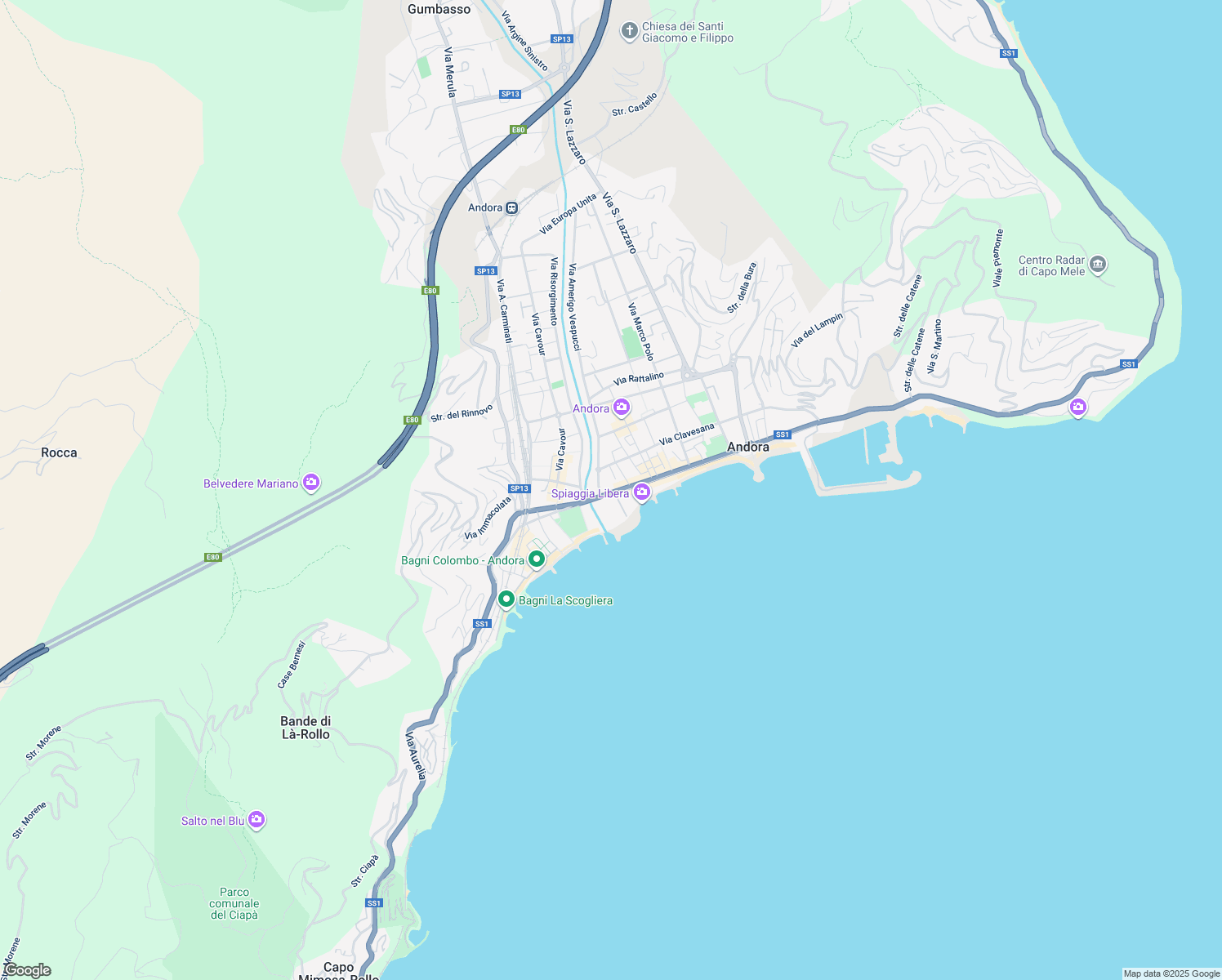 map of restaurants, bars, coffee shops, grocery stores, and more near 200 Via Aurelia in Andora
