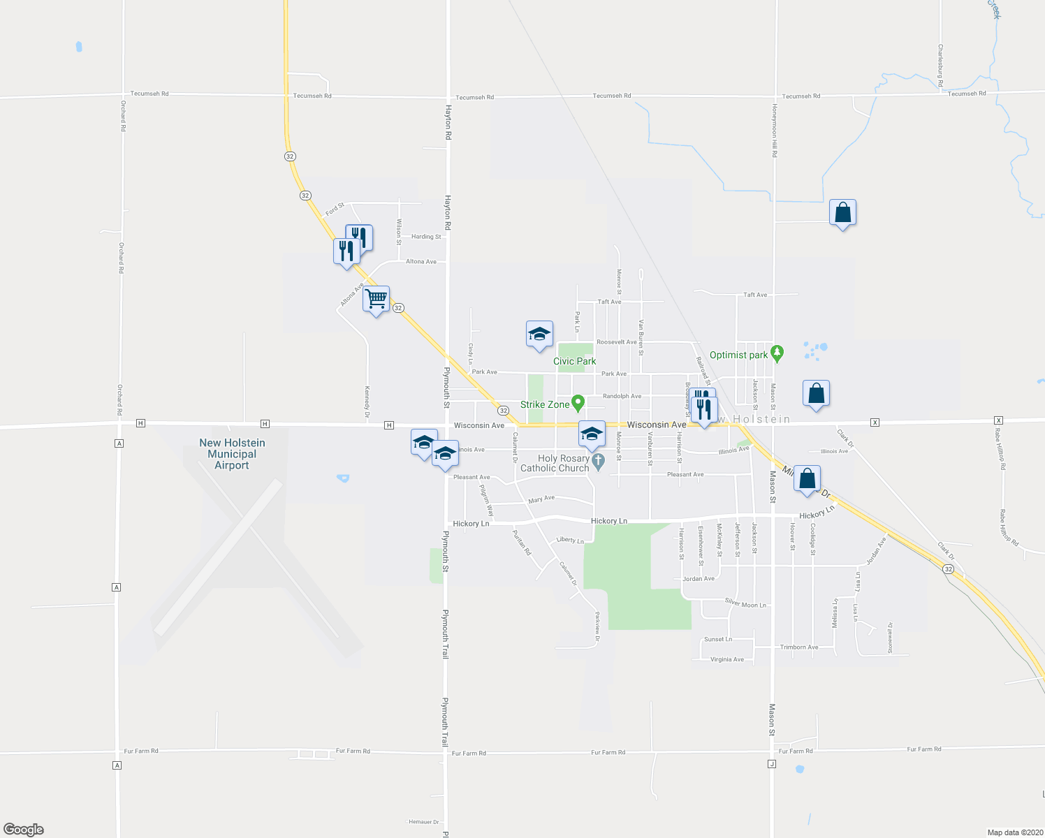 map of restaurants, bars, coffee shops, grocery stores, and more near 2230 Wisconsin Avenue in New Holstein